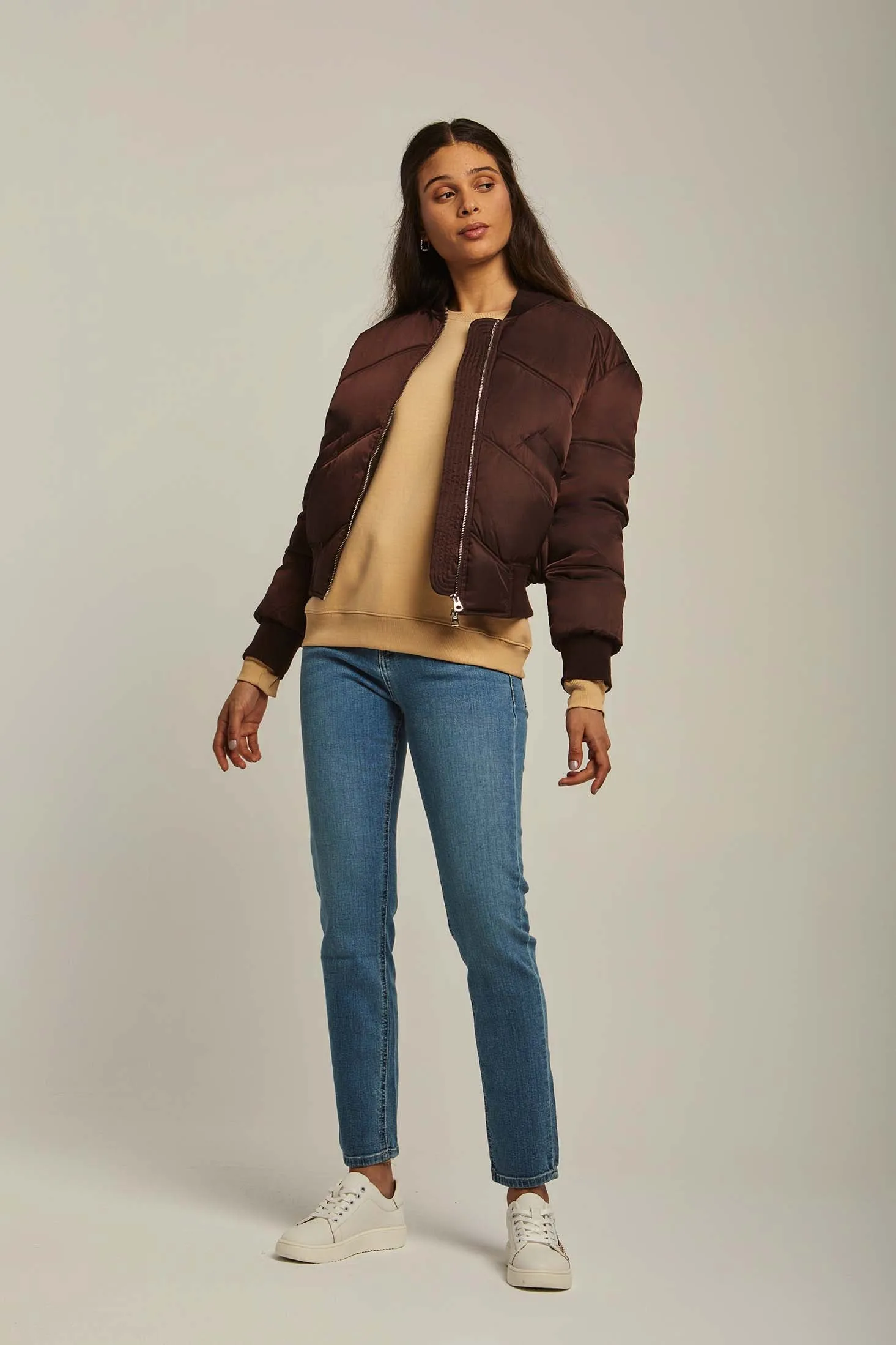 Women Jacket Long Loose Bomber Brown