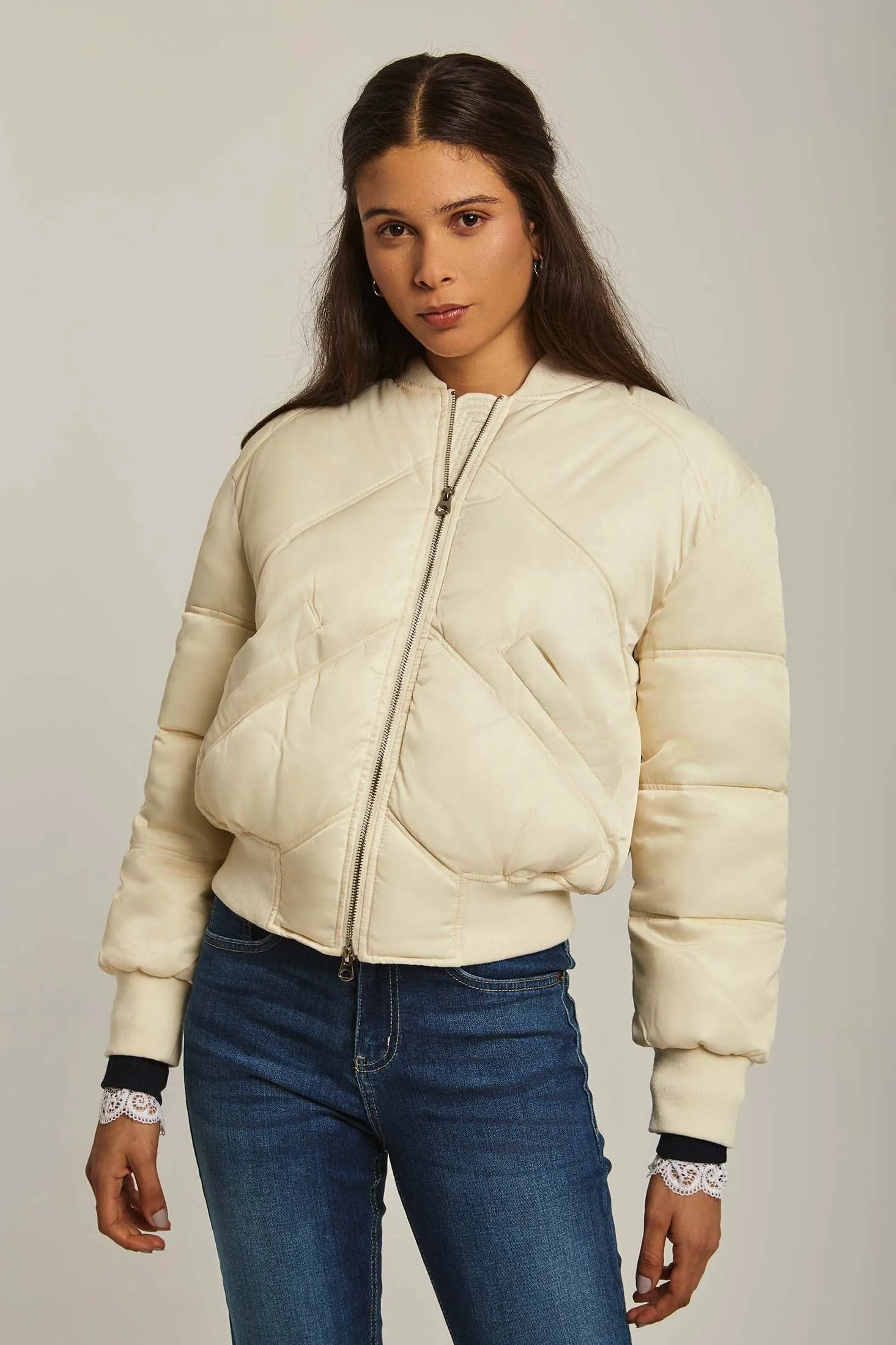 Women Jacket Long Loose Bomber Off White
