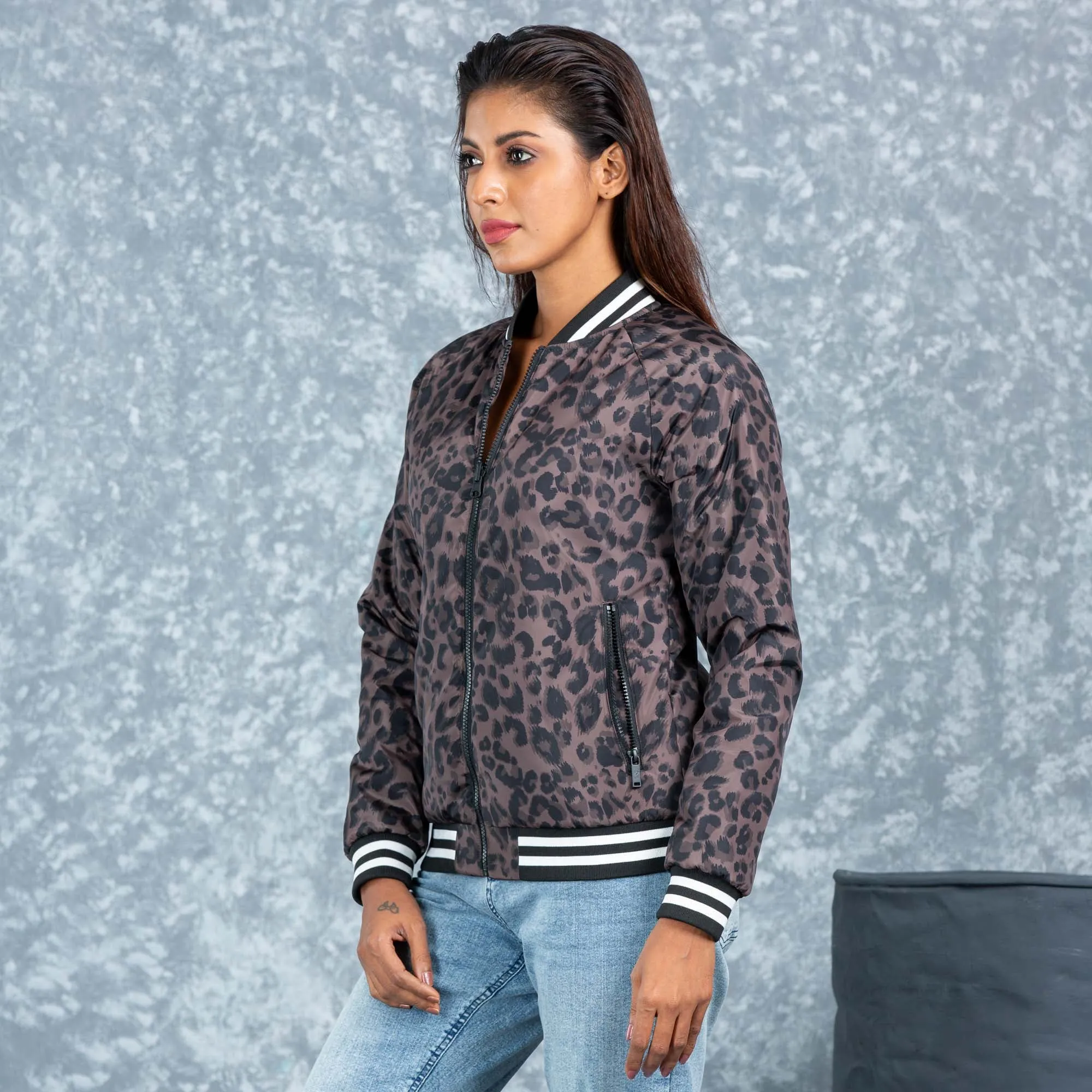 Womens Bomber Jacket- Olive/Black Aop