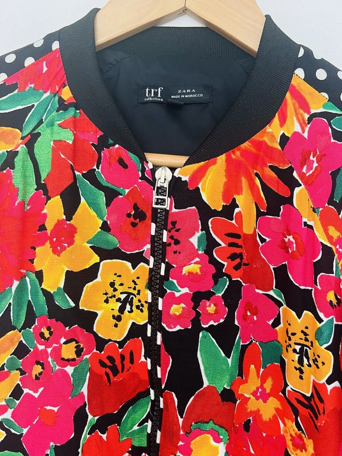 ZARA TRF Collection Floral Polka Dot Bomber Jacket Sz S Red Long Sleeve Y2K 90s