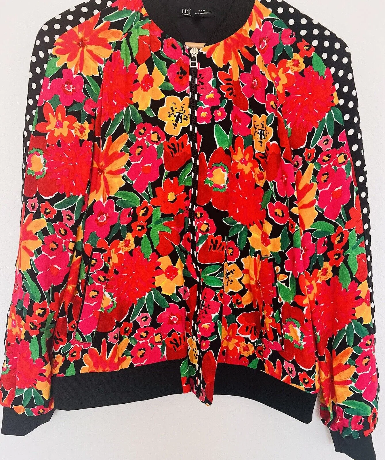 ZARA TRF Collection Floral Polka Dot Bomber Jacket Sz S Red Long Sleeve Y2K 90s