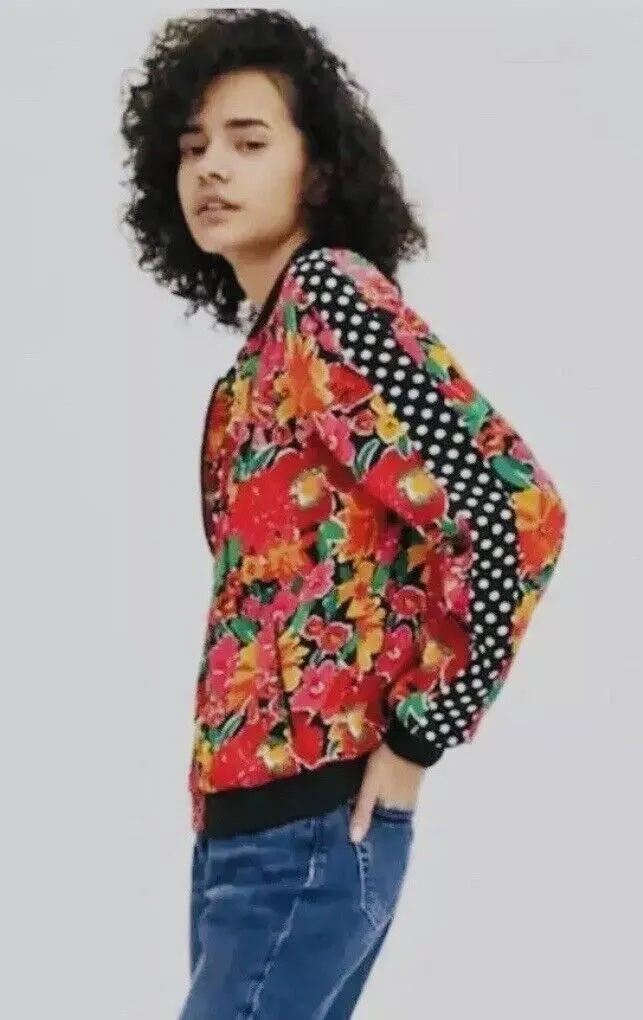 ZARA TRF Collection Floral Polka Dot Bomber Jacket Sz S Red Long Sleeve Y2K 90s