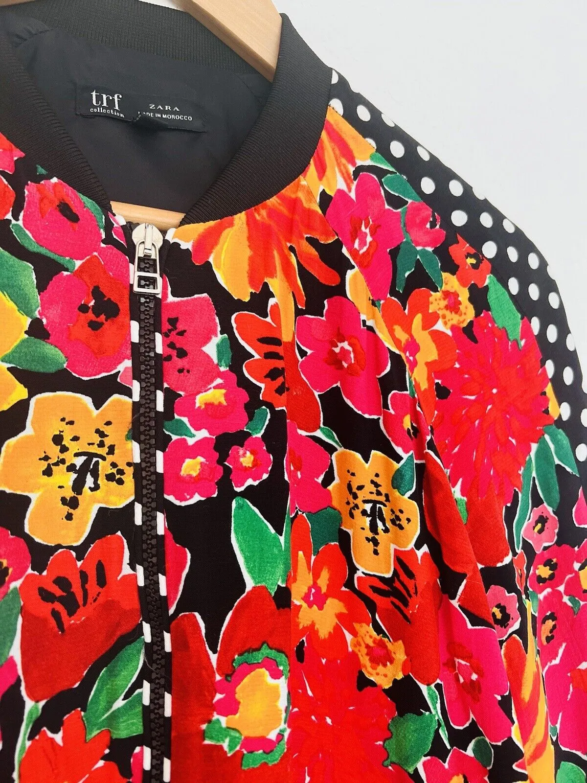 ZARA TRF Collection Floral Polka Dot Bomber Jacket Sz S Red Long Sleeve Y2K 90s