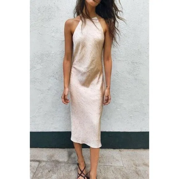 Zara Womens Midi Dress Wrinkled Look Beaded Beige Pink S Small 1165/152 NWT