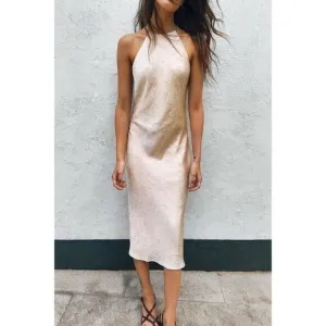 Zara Womens Midi Dress Wrinkled Look Beaded Beige Pink S Small 1165/152 NWT