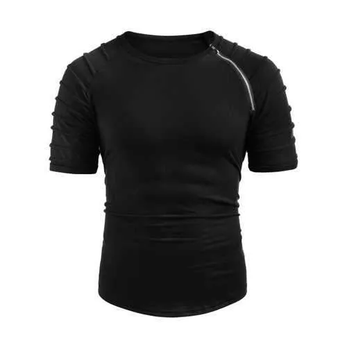 Zipper Pleated Sleeve Solid Color T-shirt - Black L